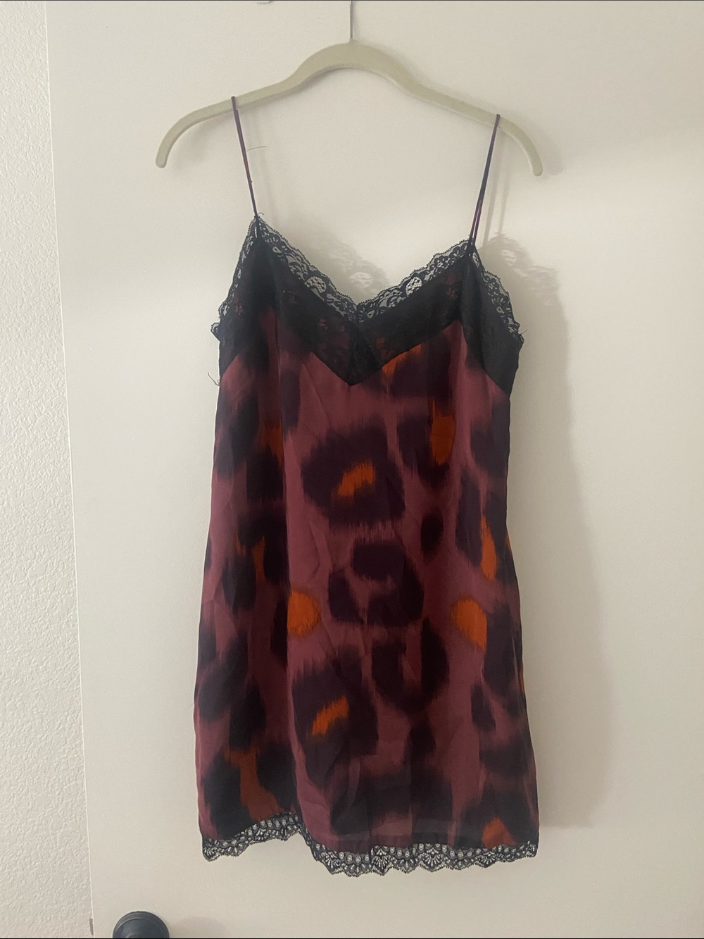 Silky-like Lace-Trim Burgundy  coolAnimal Print Slip Dress